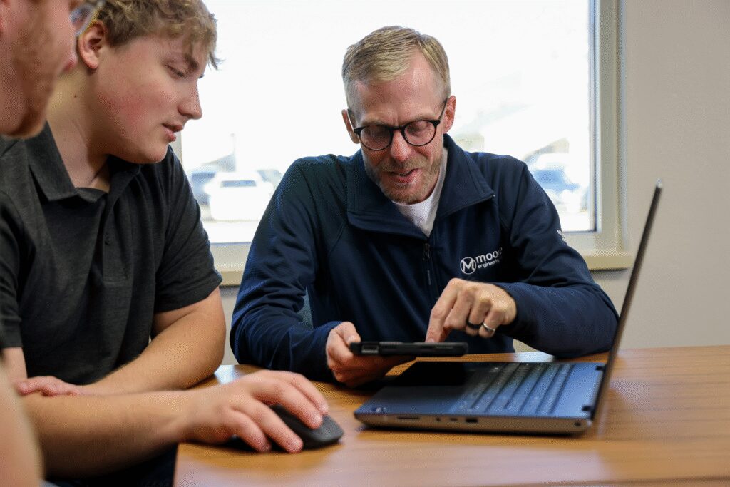GIS professionals looking at a computer on a desk